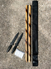 Load image into Gallery viewer, Kali Starter Kit contents arranged vertically: rattan sticks, rubber training knives, grip tape pack, and carrying case